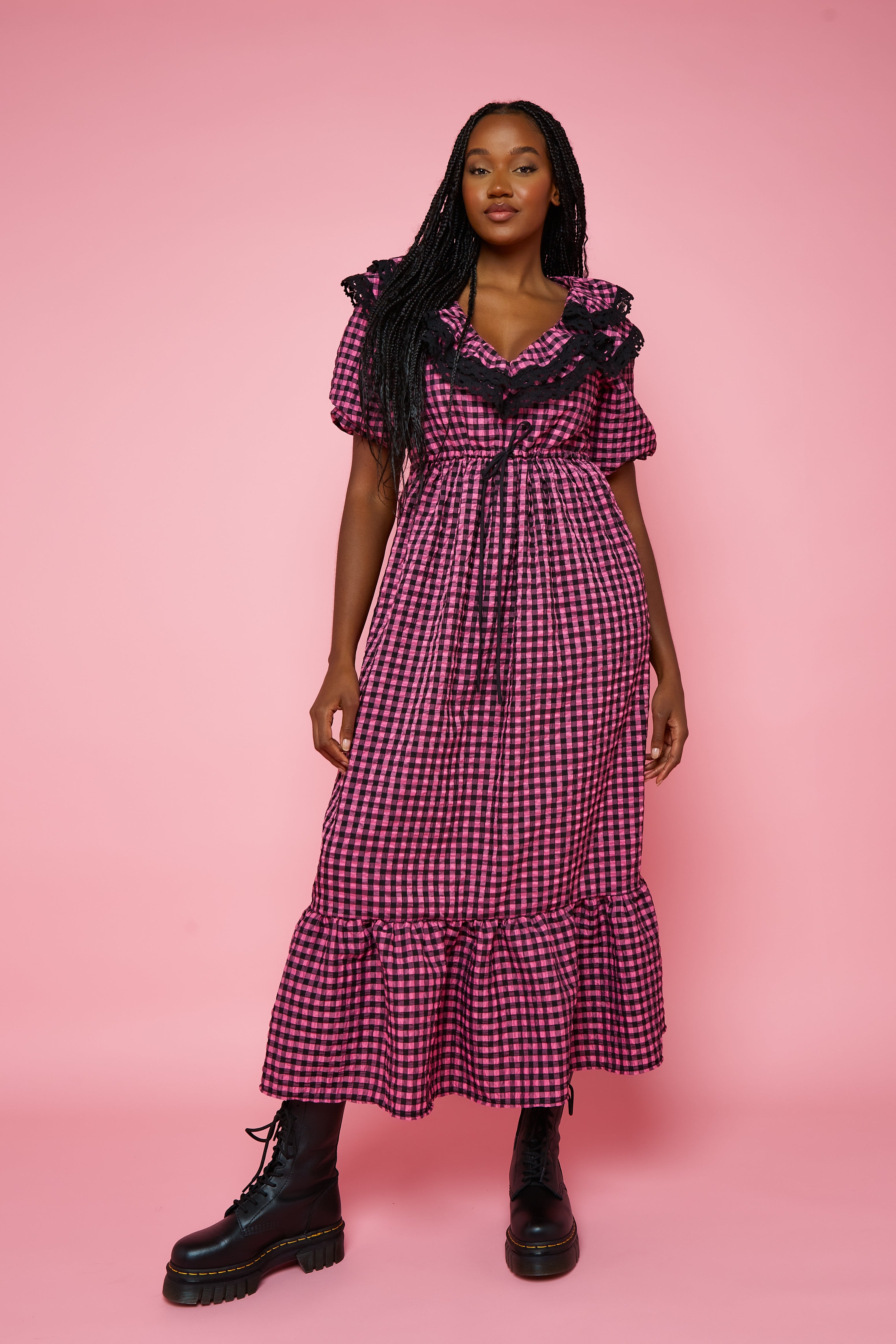 Pink gingham midi sales dress